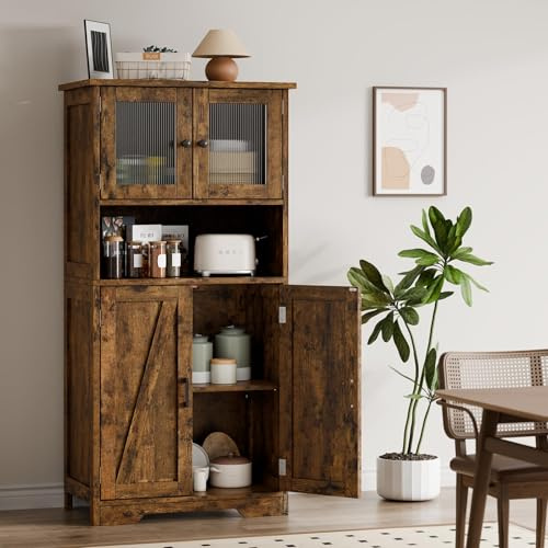 GarveeMore Alacena de Cocina con Puertas de Cristal y Estantes Ajustables, Mueble Auxiliar De Cocina Multifuncional para baño, Moderno en Madera Robusta, 60 * 30 * 128cm, Marrón