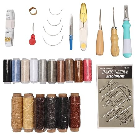 ANKROYU Leder-Nähset, 16 Farben, gewachster Faden, Nadeln mit großem Öhr, Ahle, Fingerhut, komplettes Leder-Arbeitswerkzeug-Set für Heimwerker, Anfänger, Profis