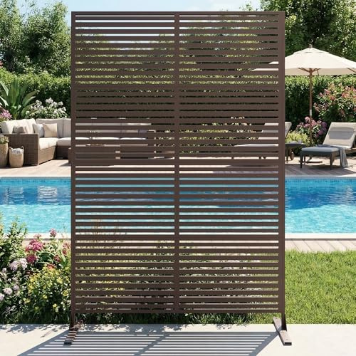 Sichtschutz Metall, Freistehender Paravent 180x120 cm, Wetterfester Sichtschutz Für Garten Terrasse Balkon Outdoor Deko, Raumteiler Mit Ständer, Verzinkter Stahl, Horizontalstreifen Braun