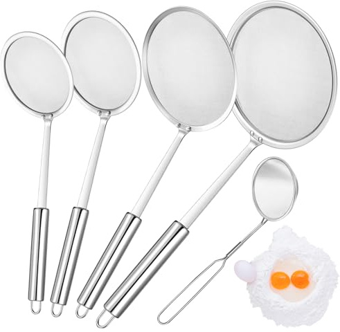 5 Stück Schaumkelle Edelstahl - 6/10/12/14/16cm Schaumlöffel Edelstahl Fein Siebkelle Küche Frittierkelle Abseihlöffel Sieblöffel feines sieb Gittersieb für Kochen Frittieren Skimming Fett Schaum