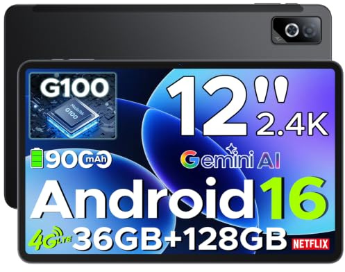 DOOGEETab G6 Pro Tablet With Dual Sim Card Slots, 12 Inch 2.4K Display, Android 16&Helio G100 Gaming Tablet, 36GB+128GB/ 2TB TF, 9000mAh, Gemini AI, BT5.2, Ultra‑Thin, Face Unlock, Dual Speakers