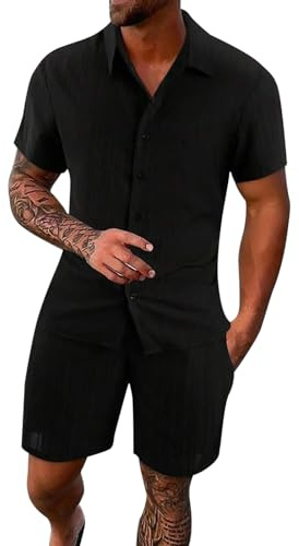 Conjunto de 2 Piezas Hombre Verano Playa Lino Camisa Manga Corta y Pantalones Cortos Casual Transpirable Fresco Suave Estilo Moda A4