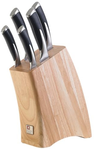 Richardson Sheffield KYU Messerblock mit Messer | 5-teiliges Messer-Set | Aus Kautschuk-Holz | Spickmesser, Allzweckmesser, Schinkenmesser, Brotmesser & Santokumesser | Edelstahl rostfrei & poliert