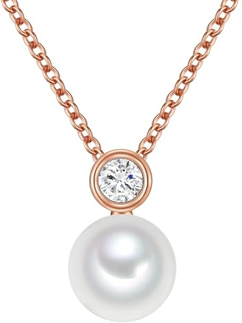 Valero Pearls Damen Kette 925/- Sterling Silber roségold | rosévergoldet 14 Karat, Ankerkette, Zirkonia, weiß, Süßwasser-Zuchtperle, ca. 8,0 mm, weiß, button, Karabinerverschluss
