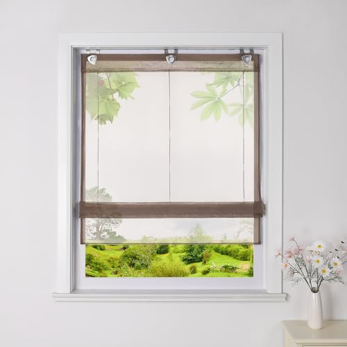 Heichkell Voile Raffrollo ohne Bohren Transparente Raffgardine mit U-Haken Unifarbiges modernes Ösenrollo Hellbraun H*B 130 * 80cm