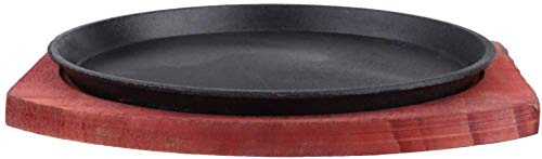 qiuqiu Teppanyaki Meat Plate with Wooden Bottom, cast Iron Plate, Frying pan, for Home or Restaurant
