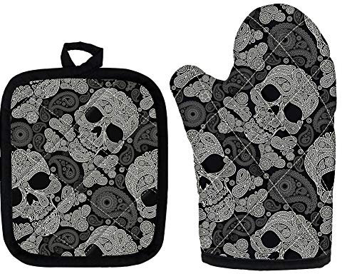 UOIMAG Ofenhandschuhe mit Topflappen, Totenkopf-Design, hitzebeständig, 2 Stück