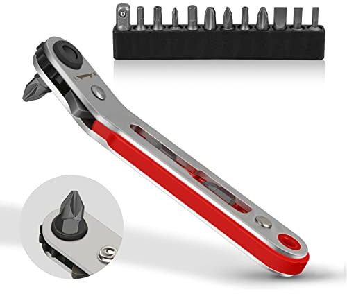 Hakkin 15PCS Offset Mini Ratchet Wrench Screwdriver Set | 1/4” Hex Shank Close Quarters Ratcheting Screwdriver with Phillips, Slotted, Hex, Torx