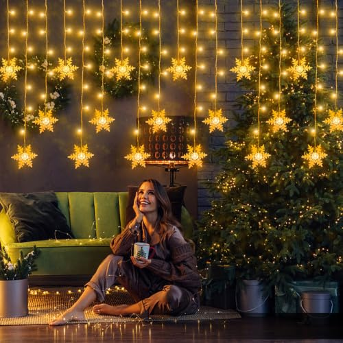 fobaston Schneeflocke Lichtervorhang Warmweiß 3.6M Lichterketten Vorhang Fenster Strom Weihnachtsbeleuchtung wasserdicht außen/innen für Balkon Terrasse Hochzeit Party