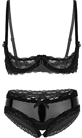 Yeahdor Femme Coquine Soutien-Gorge Bra Sein Nu & String Brésilien Dentelle Ouvert Entrejambe Ensemble sous-vêtement Sexy Noir Plaisir S-4XL Noir E XXL
