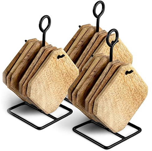 Novaliv Juego de posavasos de madera, juego de 6 posavasos con soporte, posavasos de madera, 11,5 x 11,5 x 1 cm, posavasos de madera para vasos, café, cerveza, vino, botellas de cristal, casa y bar