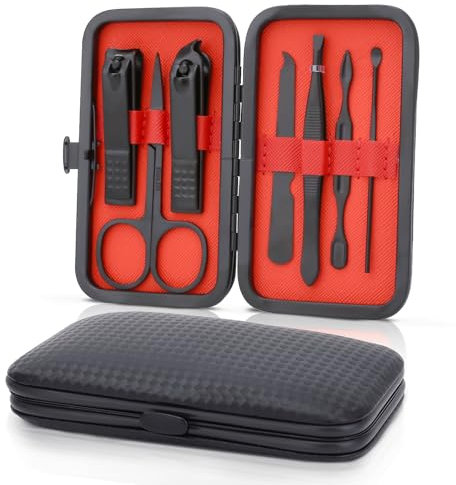 Maniküre Set – Edelstahl Nagelknipser & Nagelhautentferner – 7-in-1 Pediküre Set mit Nagelhautschere, Cuticle Remover für eingewachsene Zehennägel und dicke Nägel (Schwarz)