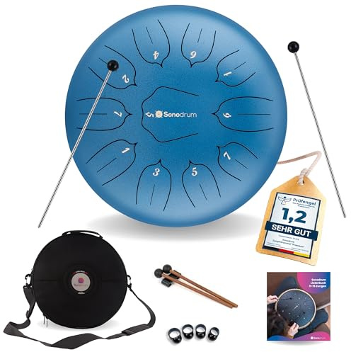 Sonodrum Tongue Drum “Standard Re mayor” en azul - diámetro 30cm y 11 notas. Handpan con libro de música, bolsa y mallets. Instrumento de percusión Handpan para niños y adultos. Para meditación y yoga