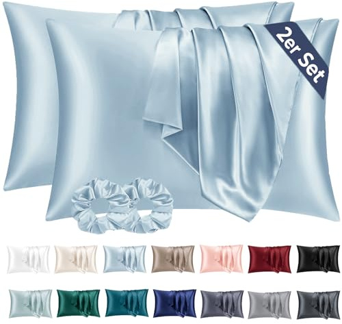 Vielit 2er Set Satin Kissenbezug 40 x 80 Hellblau, Weich wie Seidenkissenbezug 40x80,Bessere Pflege als Silk Pillosecase,Satin Kopfkissenbezug Kissenhülle für Haar und Haut mit 2 Haargummis