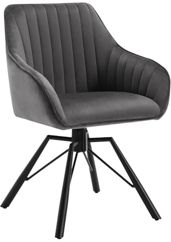 WOLTU 1x Esszimmerstuhl drehbar, Samt Stuhl Esszimmer, Drehstuhl, Küchenstuhl, Sessel Wohnzimmer, Polsterstuhl mit Armlehnen, Metallbeine, Loungesessel ergonomisch, Dunkelgrau, EZS12dgr-1