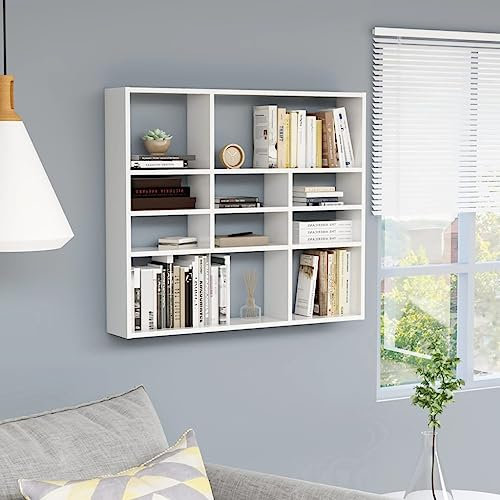 FIRBNUS Wandschrank mit 10 Offenen Fächern 90x16x78 cm Wohnzimmer Hängeregal Wandregale Regal Wand Schweberegal Schubladenregal Schwebend Wandmontage Hochglanz Holzwerkstoff Weiß