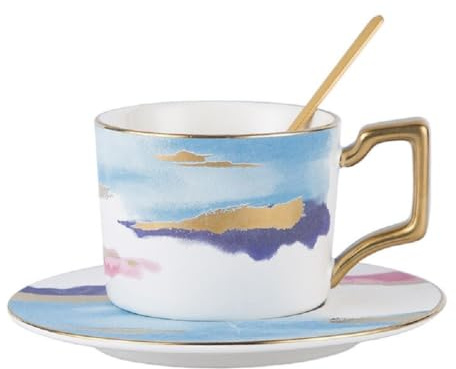 FülleMore Porzellan Espressotassen mit Untertasse und Löffel kerative Aquarell Kaffeetasse 250ml Cappuccinotasse Set Teetasse Mokkatasse für Büro Zuhause Frühstück Nachmittagstee (Hellblau)