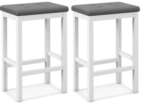 TANGZON Bar Stools Set of 2/4, Rubber Wood Saddle Stools with PVC Leather Exterior, Button-tufted Decor, Footrests & Anti-slip Foot Pads, Padded Counter Height Chairs for Living Room (Grey+White, 2)