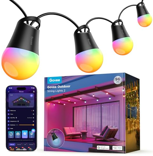 Govee Outdoor LED Lichterkette Außen 2, 30M Dimmbare RGBICW Lichterkette mit 16 Millionen Farben und 47 Szenenmodi, 100lm pro LED Lebensdauer 25000h, IP65 Wasserdicht, Funktioniert mit Alexa, Google
