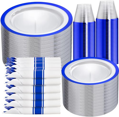 I00000 350 Pcs Dark Blue Plastic Plates,Clear Disposable Plates for 50 Guests,Blue Dinnerware Include 50 Dinner Plate 50 Dessert Plate,50 Cups,50 Pre Rolled Napkins with Cutlery Set for Party,Wedding