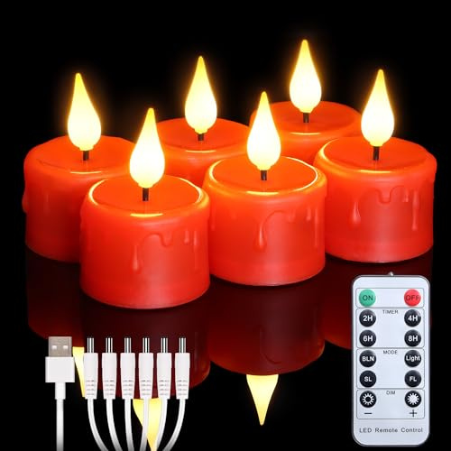 FREEPOWER 6 Rote LED Teelichter Wiederaufladbar mit Fernbedienung und Timer | Flackern, Warmweiß, Dimmbar, Elektrische Kerzen Aufladbar mit USB Kabel, Halloween Weihnachten Deko, Ø4 x 5,5cm