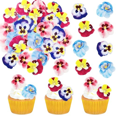 Blumomon 60Pcs Edible Pansy Flowers Cupcake Toppers Tricolor Viola Cake Topper Edible Flowers Cake Decoration Picks Wedding Baby Shower Party Wedding Anniversary Birthday Party Cupcake Decoration