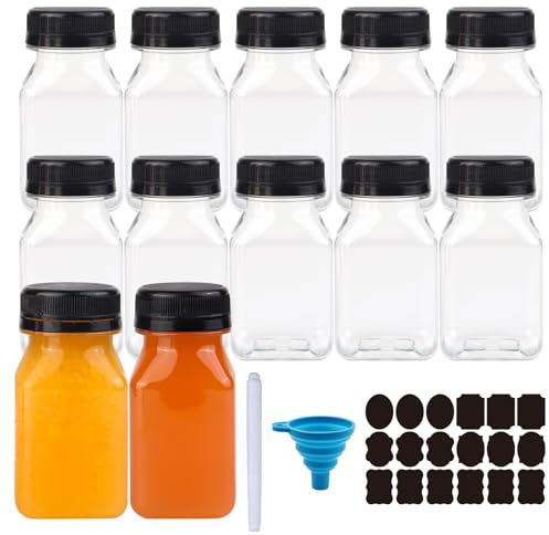 Chetexus Confezione da 12 Bottiglie di Plastica per Succhi da 4oz, 100ml Bottiglie Riutilizzabili per Bevande con Coperchi per Conservare Succhi, Acqua e Altre Bevande Fatte in Casa (1 Penna, 1 Imbuto