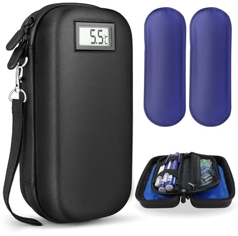 Custodia da viaggio per insulina 24 ore, approvata dalla TSA, con termometro e display della temperatura e 2 confezioni di ghiaccio riutilizzabili, borsa da viaggio portatile per medicinali per il
