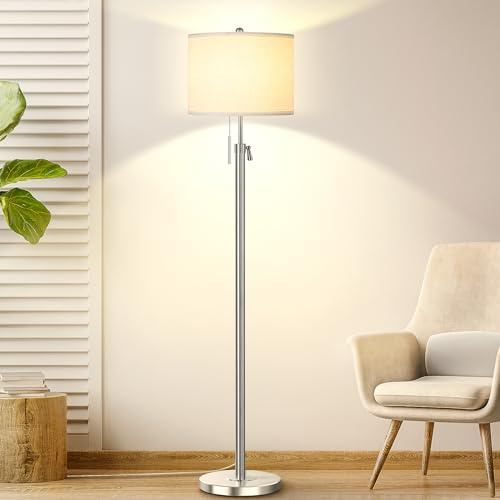 Qingmiao Floor Lamp, Modern Standing Lamps for Living Room - Silver | with Lampshade, 140-168CM Height Adjustable, 3 Colors Temperature, Pull Chain Switch, 9W E27 Bulb Included,for Bedroom Office