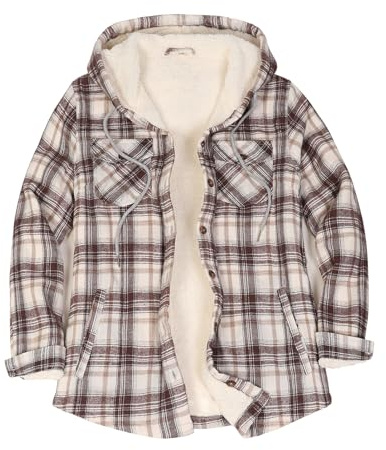 ZENTHACE Veste en flanelle à carreaux doublée Sherpa pour femme – Veste chemise à capuche boutonnée – Veste chaude (doublure Sherpa)