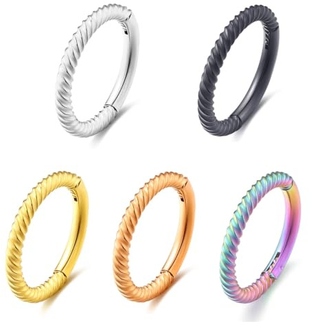 5 Stück Nasenpiercing Ring Scharnier 316L Chirurgenstahl Segmentring Clicker 20G 18G 16G Septum Knorpel Nostril Helix Tragus Rook Conch Piercing 6-14mm Gold Stahlfarbe Roségold Schwarz Regenbogen