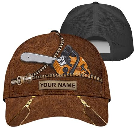 Kappen Kettensäge Und Braunes Leder-Reißverschlussmuster Schildkappe Cool Laufkappe Lässig Docker Cap Für Angeln Camping Outdoor-Aktivitäten