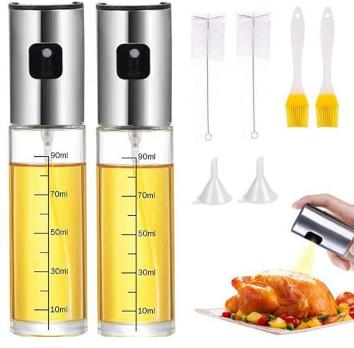 katmerio 2 Stück Ölsprüher, 100ml Öl Sprühflasche, Ölsprüher zum Kochen, Ölspray zum Kochen, Olivenölsprüher für Salat, Grillen, Backen in der Küche - Inkl. Backpinsel Trichter Bürste