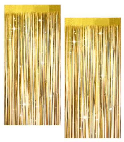 2 Lametta Vorhang Gold Glitzer, Glitzer Vorhang Geburtstag Hintergrund, Party Deko Vorhänge 1m X 2.5 M, Deko Hochzeit Luftschlangen, für Festival Zubehör Jga Deko Discokugel