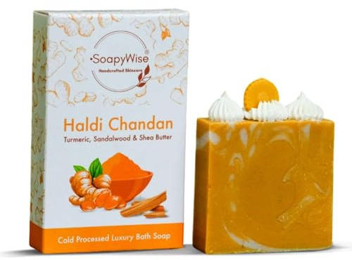 SoapyWise Organic Turmeric & Sandalwood Soap Bar, Cold Process Vegan Natural Bath Soaps for Face, Body & Hands, Ayurvedic Moisturising Facial Cleanser with Avocado Oil, Walnut- 90g Each, (Pack of 6)