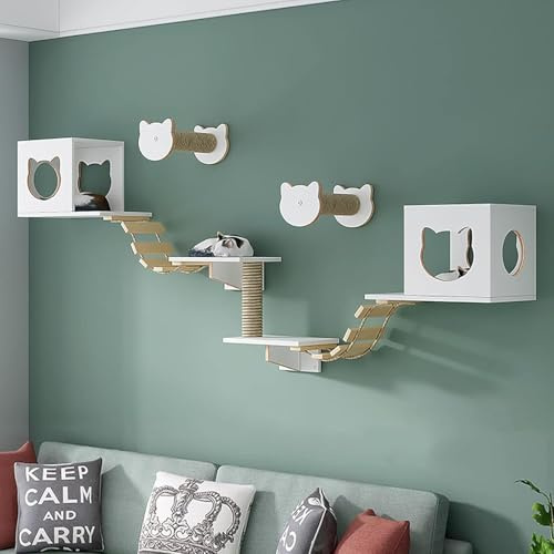 Wandmontiertes Katzen-klettergerüst, Massivholz-Katzen-wandmöbel-Set, Katzenregale Und Sitzstangen Für Die Wand, Platz Sparen DIY Katzen-kletterwand Zum Klettern Schlafen Spielen, Set A