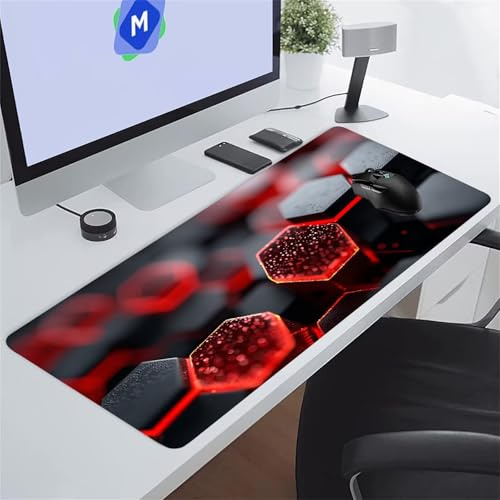 Tapis de Souris Gaming Géométrique Rouge XXL Mouse Pad, Grand Tapis Bureau avec Base Anti-Dérapage, Extended Long Clavier Pad Large Mousepad pour PC Gamer et Le Bureau 800x400x2 mm