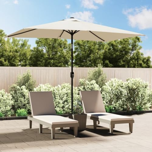 Ombrellone da Giardino 200x300 cm, Bianco Sabbia, in Poliestere UV50+ e Acciaio, con Meccanismo a Manovella, per Piscina Balcone e Spiaggia, 6 Stecche Rinforzate