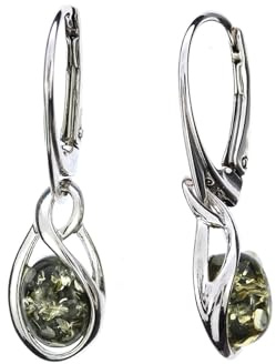 Hängende, moderne grüne Ohrringe aus Sterling Silber rhodiniert und Bernstein. Ohrschmuck mit grünem Farbton, zeitloses Design. Hängen-Design, hypoallergen und frei von Nickel. Handgefertigt