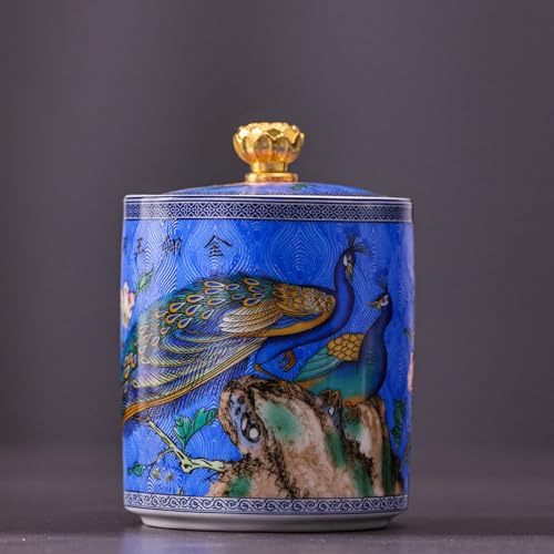 Chinese Ceramic Peacock Enamel Storage Jars with lids | Tea caddy, for tea, coffee, spices and sweets(Blue,S)