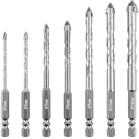 QWORK® brocas porcelanico, 7 piezas – taladro excéntrico de tungsteno, 3/4/5/6/8/10/12 mm, vástago hexagonal de 1/4, plateado