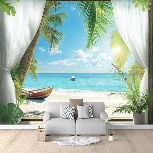 Carta da Parati Mare e Spiaggia 300x210 cm Fotomurale da Parete Palme Tropicali Carta Parati Adesiva Muro 3D Poster Giganti da Parete Camera da Letto Soggiorno B-0285
