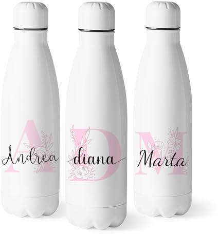 Zumo Digital Botella de Agua Personalizada con Inicial Rosa y Nombre, Estilo Floral Regalos Originales, Capacidad 500ml (Tipo 4)