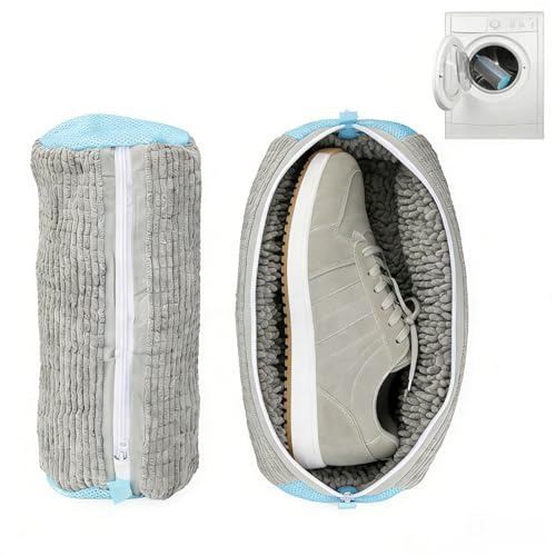 2 Pcs Shoe Washing Machine Bags with Zipper, 40x20cm Durable Laundry Bags for Trainers, Sneakers, Bras & Delicates, Shock-Absorbing Protective Wash Bags for Washer and Dryer, Grey