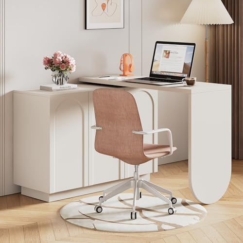 Skåpskrivbord vridbart L-form, datorbord med lagringsutrymme och skåp, utrymmesbesparande hörnskrivbord 360° vridbart, modernt kontorsbord i vitt natur för kontor och hemmakontor (White-B, 110 cm)