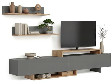 duehome | Mueble de Salón, Composición Modular de TV, Modelo: Bender 200, Acabado en Gris Grafito y Alpino, Medidas: 200 cm (Largo) x 33 cm (Fondo) x 46 cm (Alto)