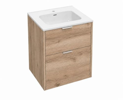 Baikal Mueble de Baño INNA. 50cm Roble. Incluye Lavabo. Mueble MONTADO. Suspendido 2 Cajones con Cierre Amortiguado.