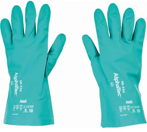 Ansell AlphaTec 58-330 Chemical Resistant Work Gloves, High Performance Nitrile, Two-Layered Coating Construction, Industrial Safety PPE Men Women, High Protection, Green, Size S (12 Pairs)