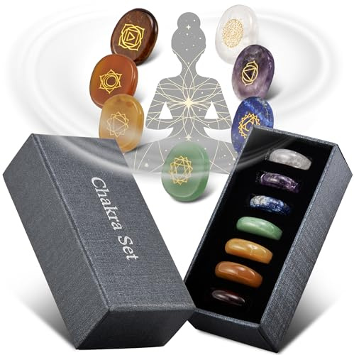 PURAJA Premium Chakra Set avec 7 pierres précieuses | Set de pierres de guérison en véritables pierres précieuses | Pierres des chakras avec symboles gravés | Pierres de guérison pour la méditation