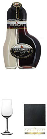Sheridan's Coffee Irish Likör 0,5 Liter + Whisky Nosing Gläser Kelchglas Bugatti mit Eichstrich 2cl und 4cl 1 Stück + Schiefer Glasuntersetzer eckig ca. 9,5 cm Durchmesser